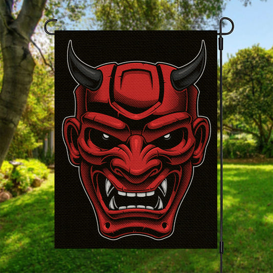 Red Japanese Demon Mask Print Garden Flag