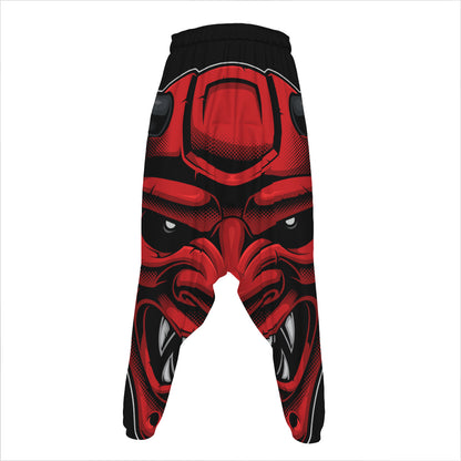 Red Japanese Demon Mask Print Hammer Pants