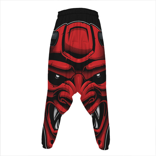 Red Japanese Demon Mask Print Hammer Pants