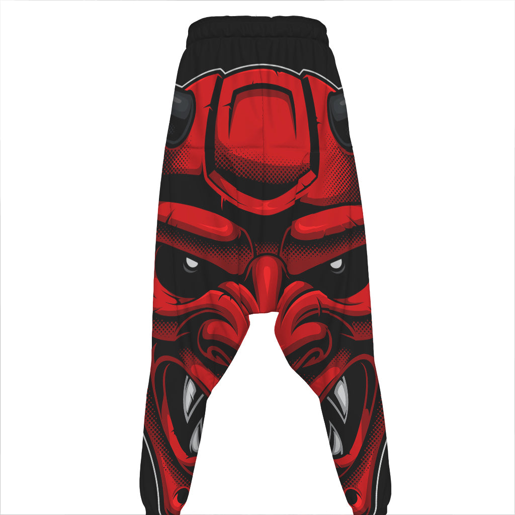 Red Japanese Demon Mask Print Hammer Pants