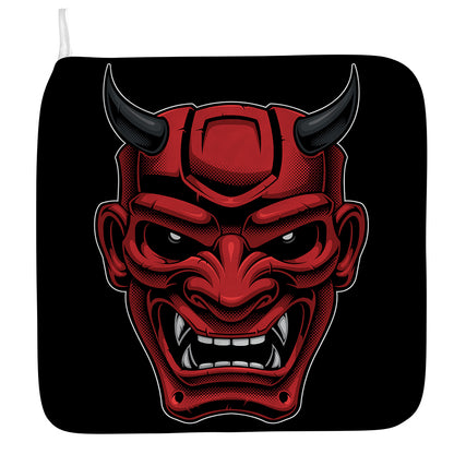 Red Japanese Demon Mask Print Hand Towel