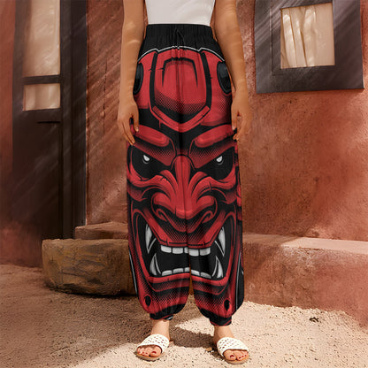 Red Japanese Demon Mask Print Harem Pants