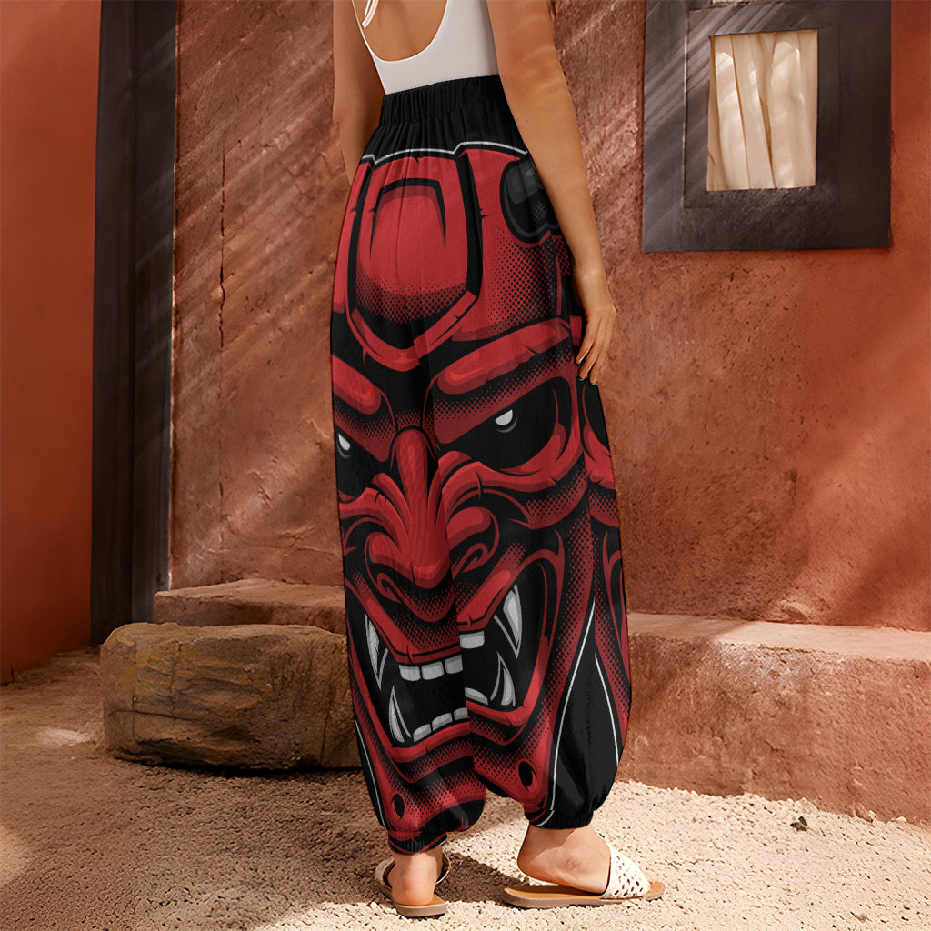 Red Japanese Demon Mask Print Harem Pants