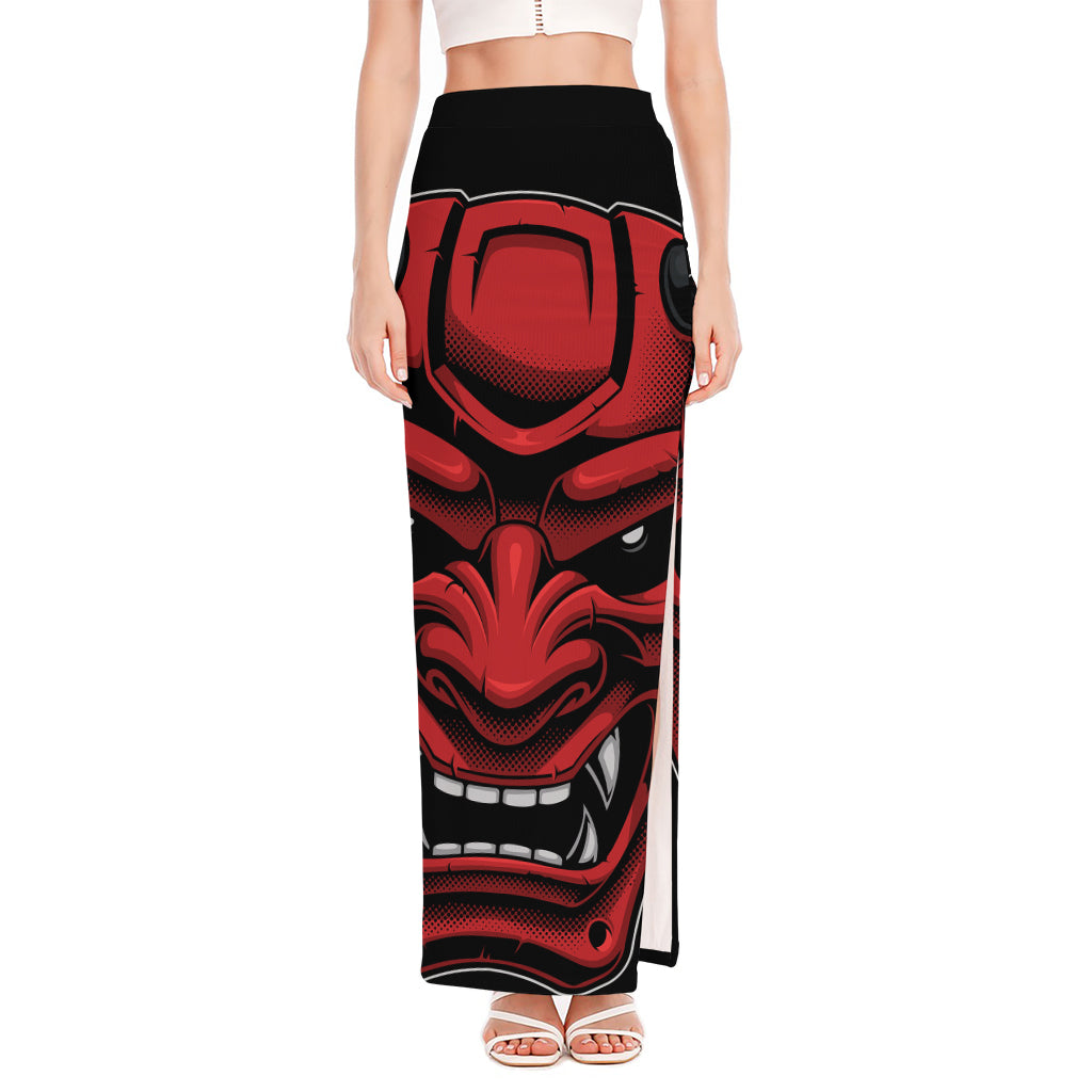 Red Japanese Demon Mask Print High Slit Maxi Skirt