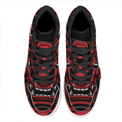 Red Japanese Demon Mask Print High Top Leather Sneakers