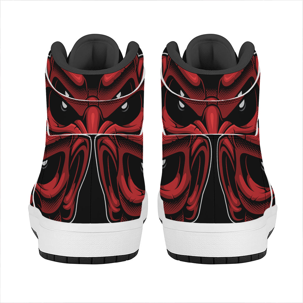 Red Japanese Demon Mask Print High Top Leather Sneakers