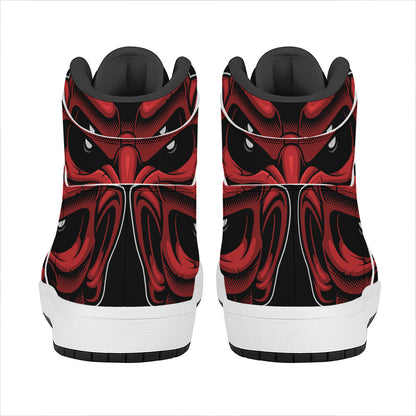 Red Japanese Demon Mask Print High Top Leather Sneakers