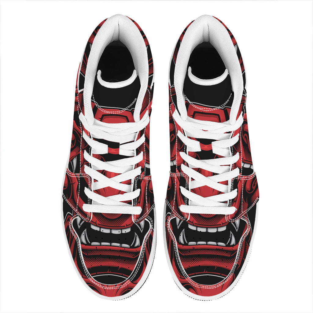 Red Japanese Demon Mask Print High Top Leather Sneakers