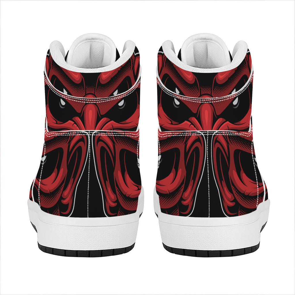 Red Japanese Demon Mask Print High Top Leather Sneakers
