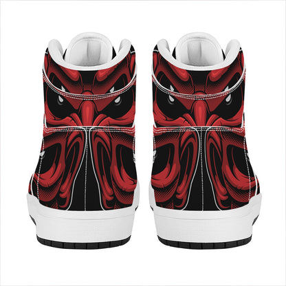Red Japanese Demon Mask Print High Top Leather Sneakers