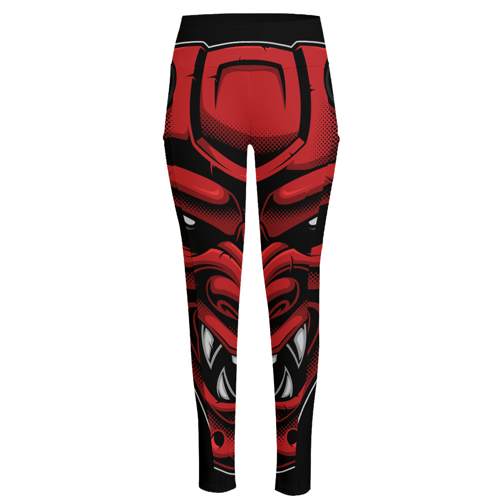 Red Japanese Demon Mask Print High-Waisted Pocket Leggings
