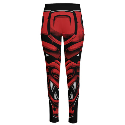 Red Japanese Demon Mask Print High-Waisted Pocket Leggings