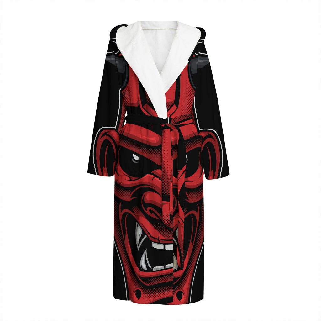 Red Japanese Demon Mask Print Hooded Bathrobe