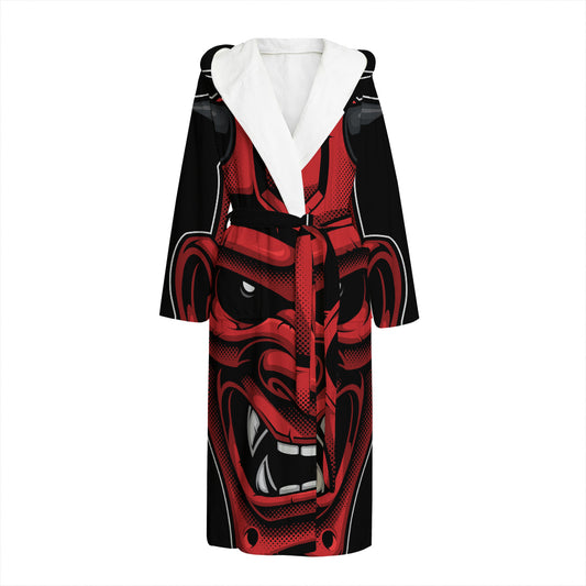 Red Japanese Demon Mask Print Hooded Bathrobe