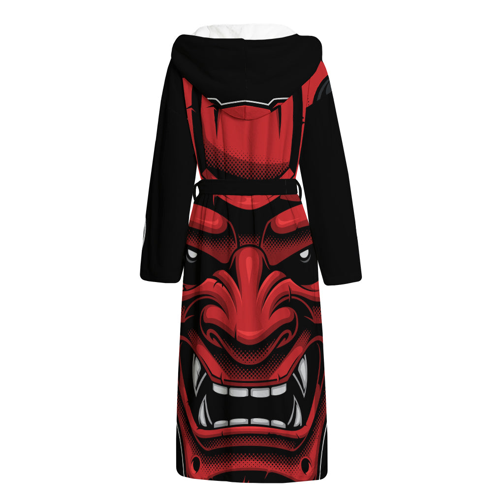Red Japanese Demon Mask Print Hooded Bathrobe