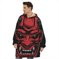 Red Japanese Demon Mask Print Hoodie Blanket