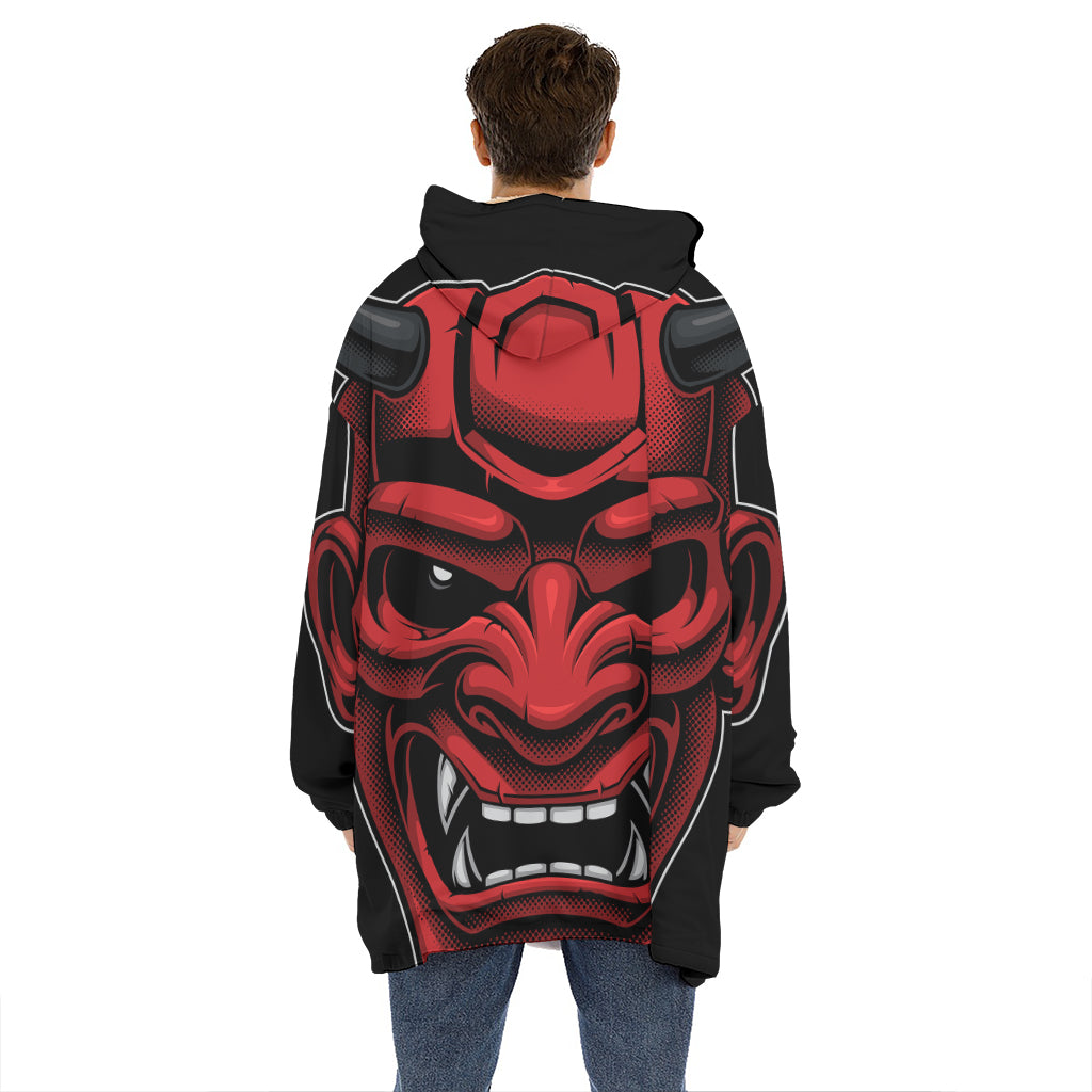 Red Japanese Demon Mask Print Hoodie Blanket