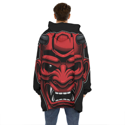 Red Japanese Demon Mask Print Hoodie Blanket
