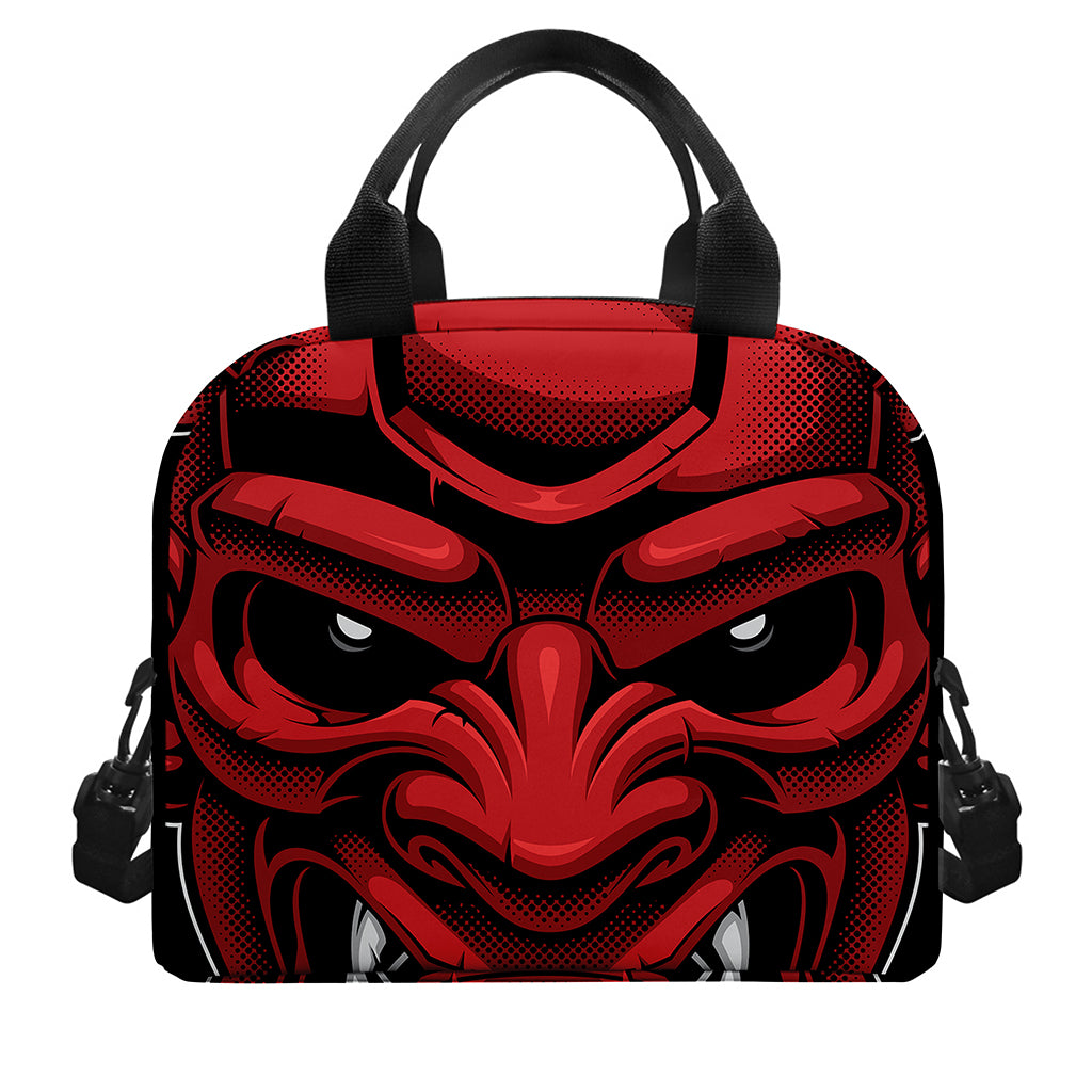 Red Japanese Demon Mask Print Insulated Lunch Bag