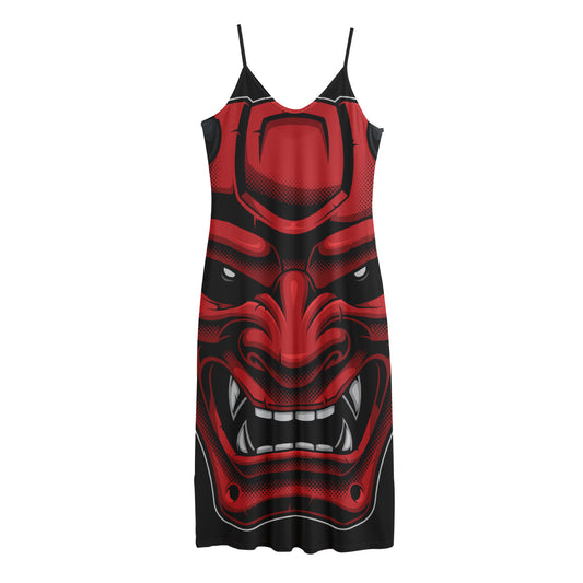 Red Japanese Demon Mask Print Jersey Midi Cami Dress