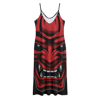 Red Japanese Demon Mask Print Jersey Midi Cami Dress