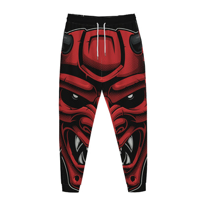 Red Japanese Demon Mask Print Jogger Pants
