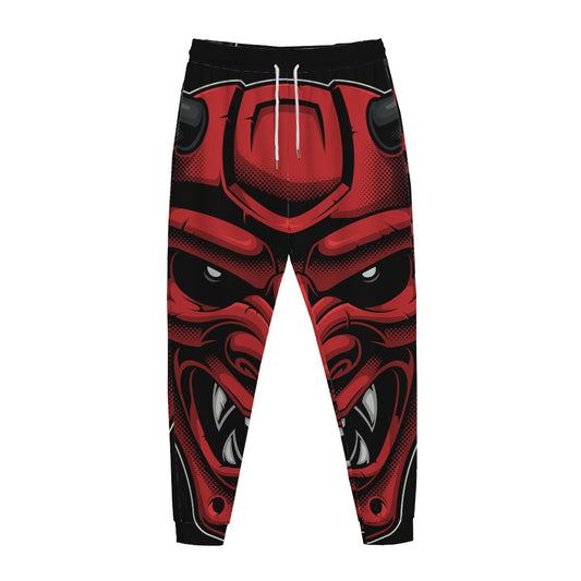 Red Japanese Demon Mask Print Jogger Pants