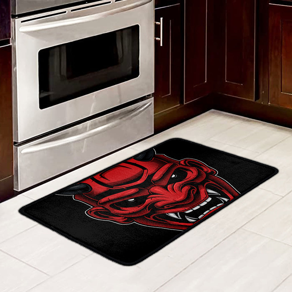 Red Japanese Demon Mask Print Kitchen Mat