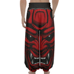 Red Japanese Demon Mask Print Lantern Pants