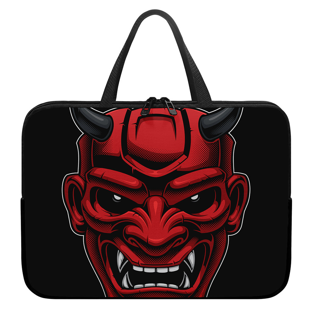 Red Japanese Demon Mask Print Laptop Sleeve With Handle