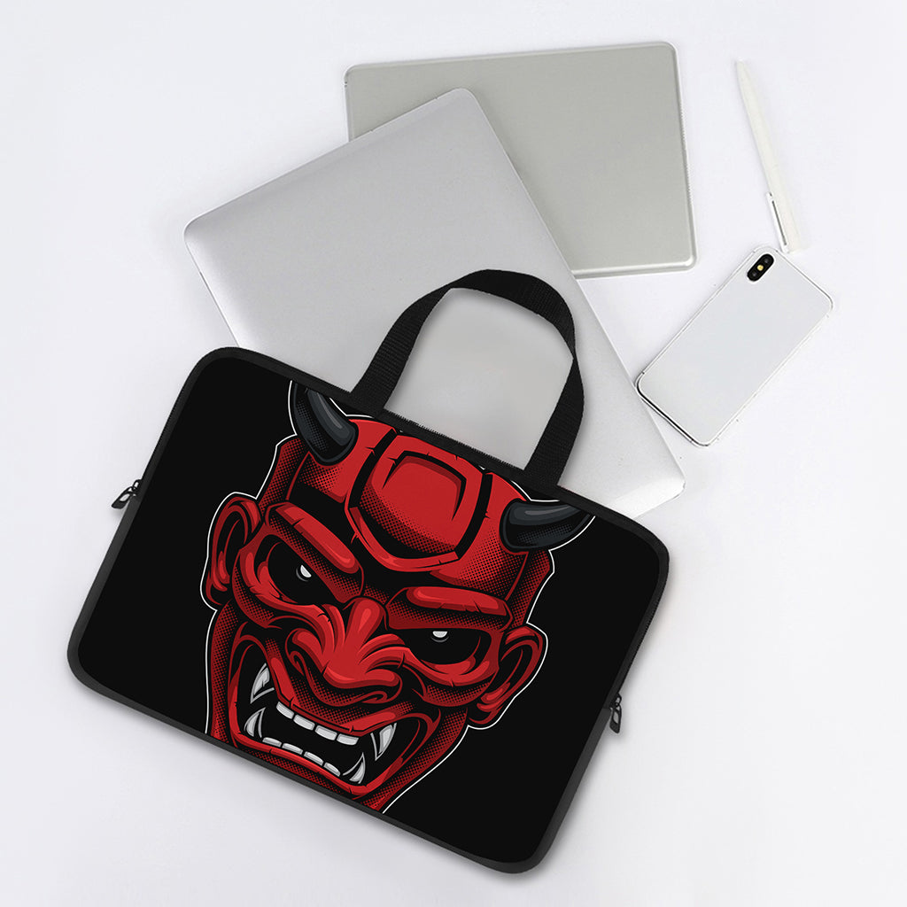 Red Japanese Demon Mask Print Laptop Sleeve With Handle