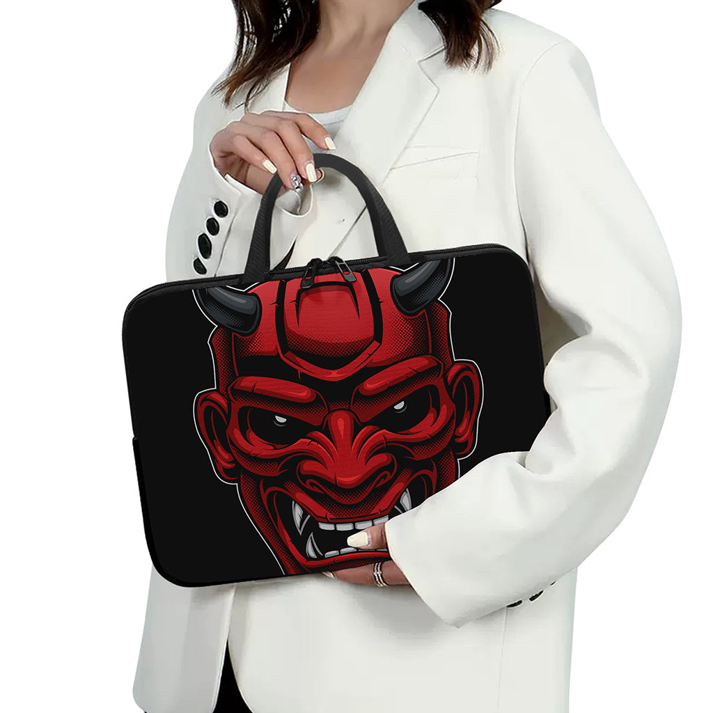 Red Japanese Demon Mask Print Laptop Sleeve With Handle