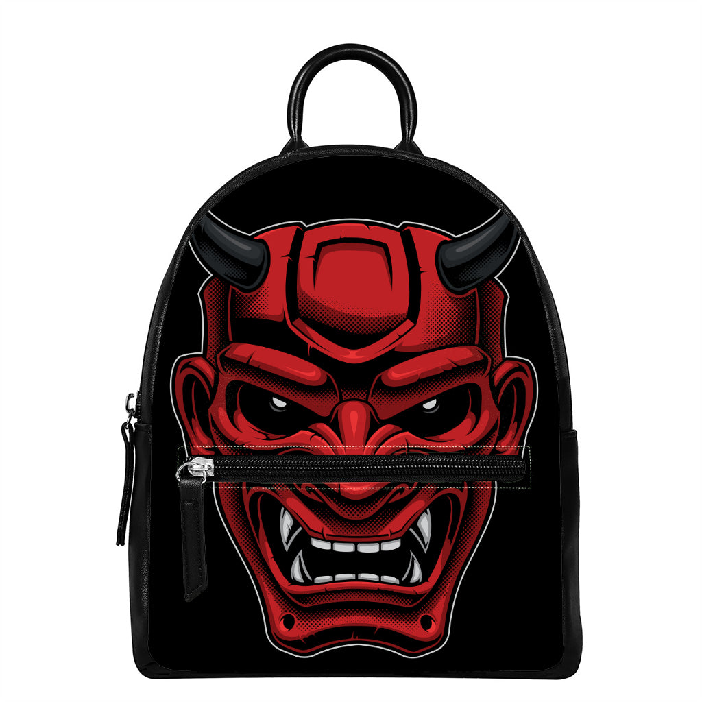 Red Japanese Demon Mask Print Leather Backpack