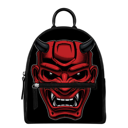 Red Japanese Demon Mask Print Leather Backpack