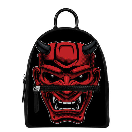 Red Japanese Demon Mask Print Leather Backpack