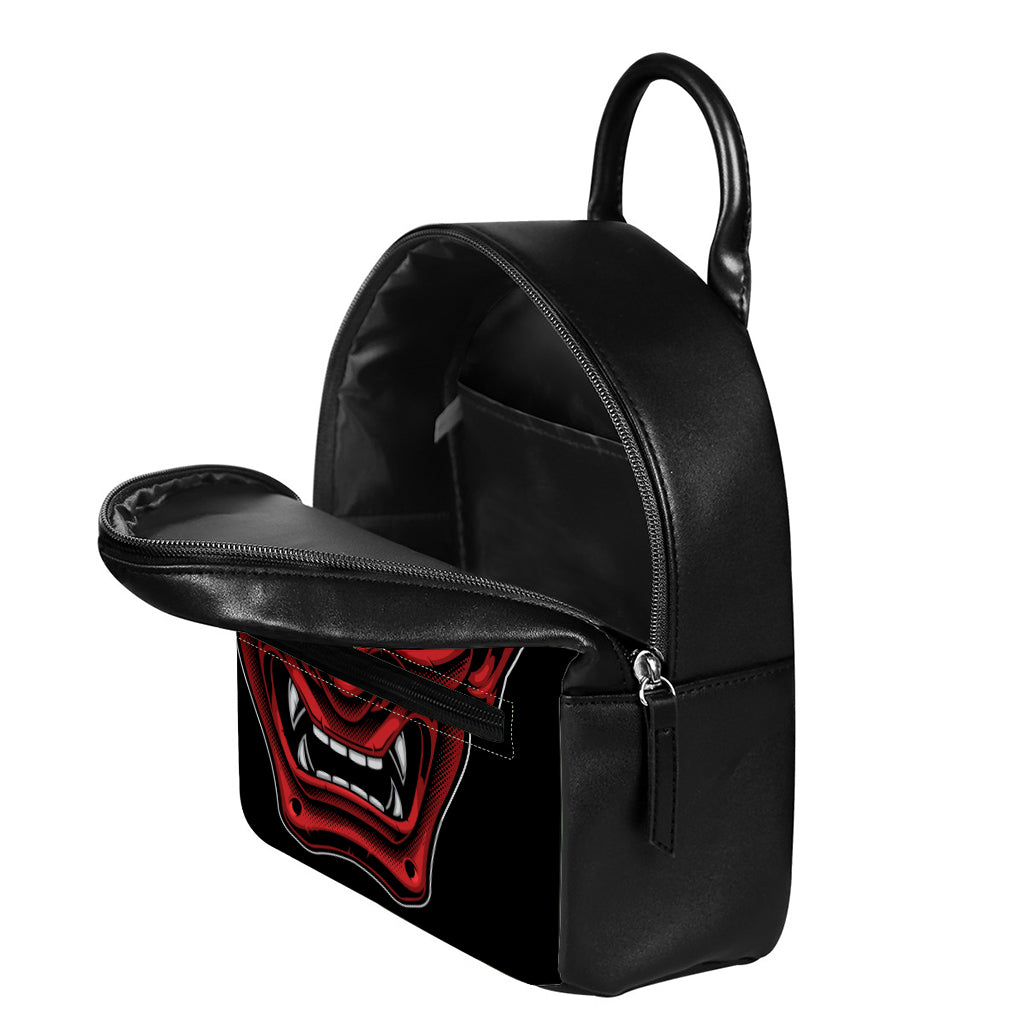 Red Japanese Demon Mask Print Leather Backpack