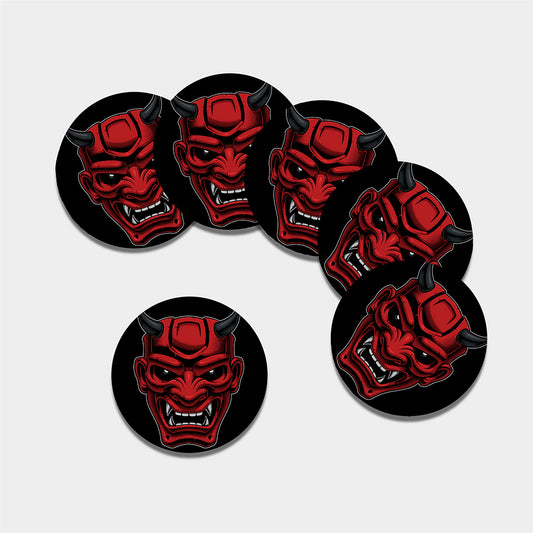 Red Japanese Demon Mask Print Leather Coaster Set