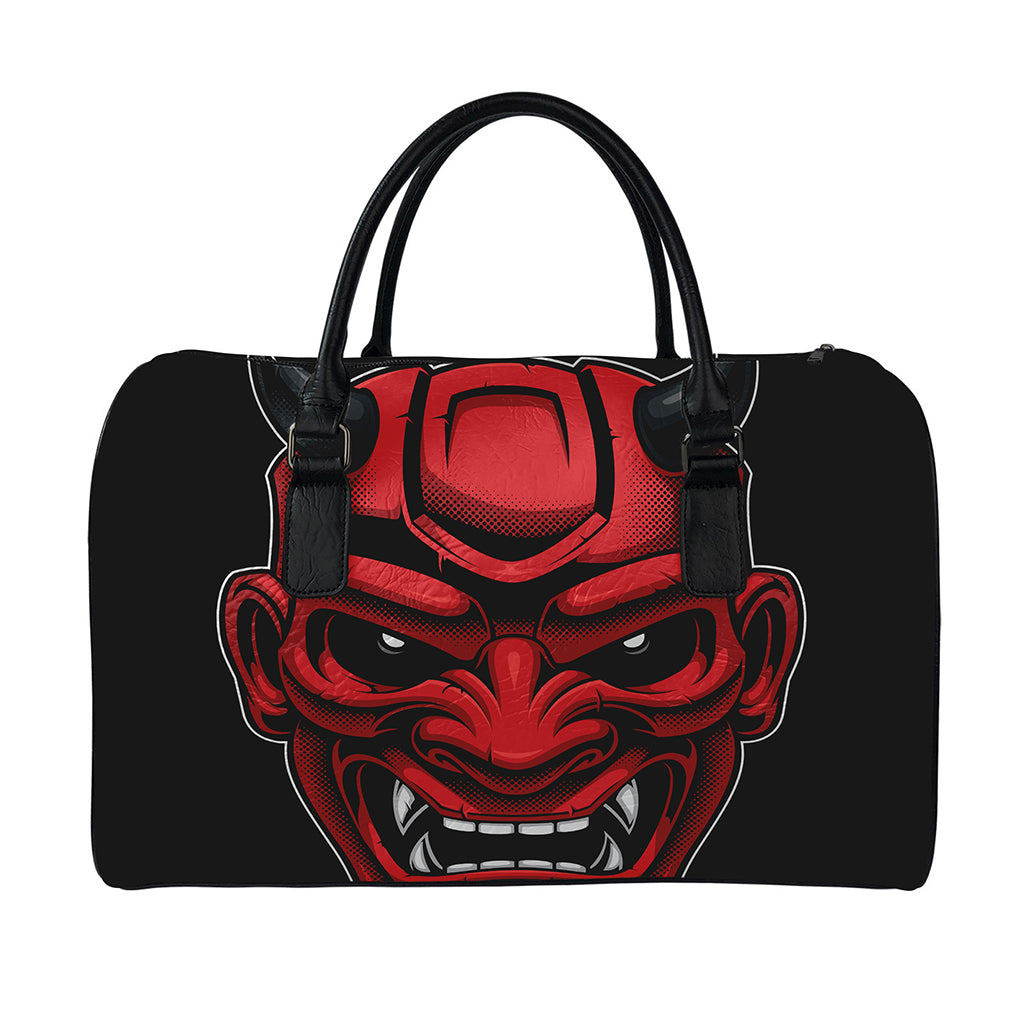 Red Japanese Demon Mask Print Leather Duffle Bag
