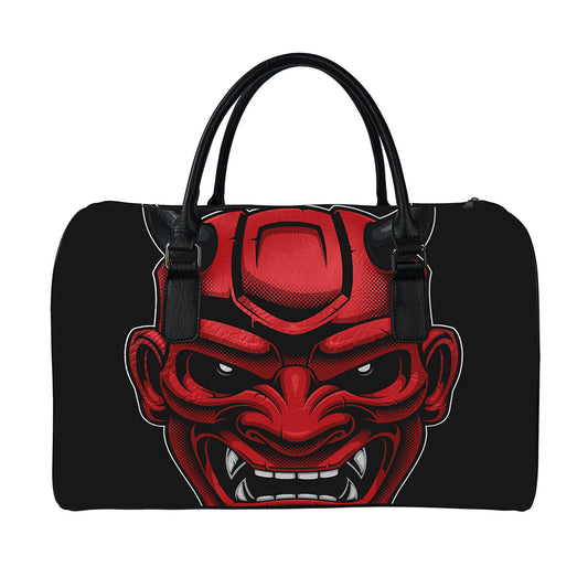 Red Japanese Demon Mask Print Leather Duffle Bag