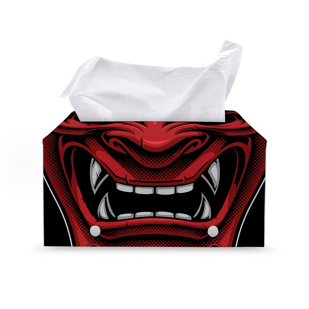 Red Japanese Demon Mask Print Leather Tissue Box Cover
