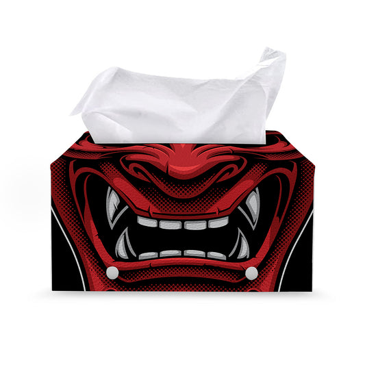 Red Japanese Demon Mask Print Leather Tissue Box Cover