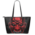 Red Japanese Demon Mask Print Leather Tote Bag With Zipper
