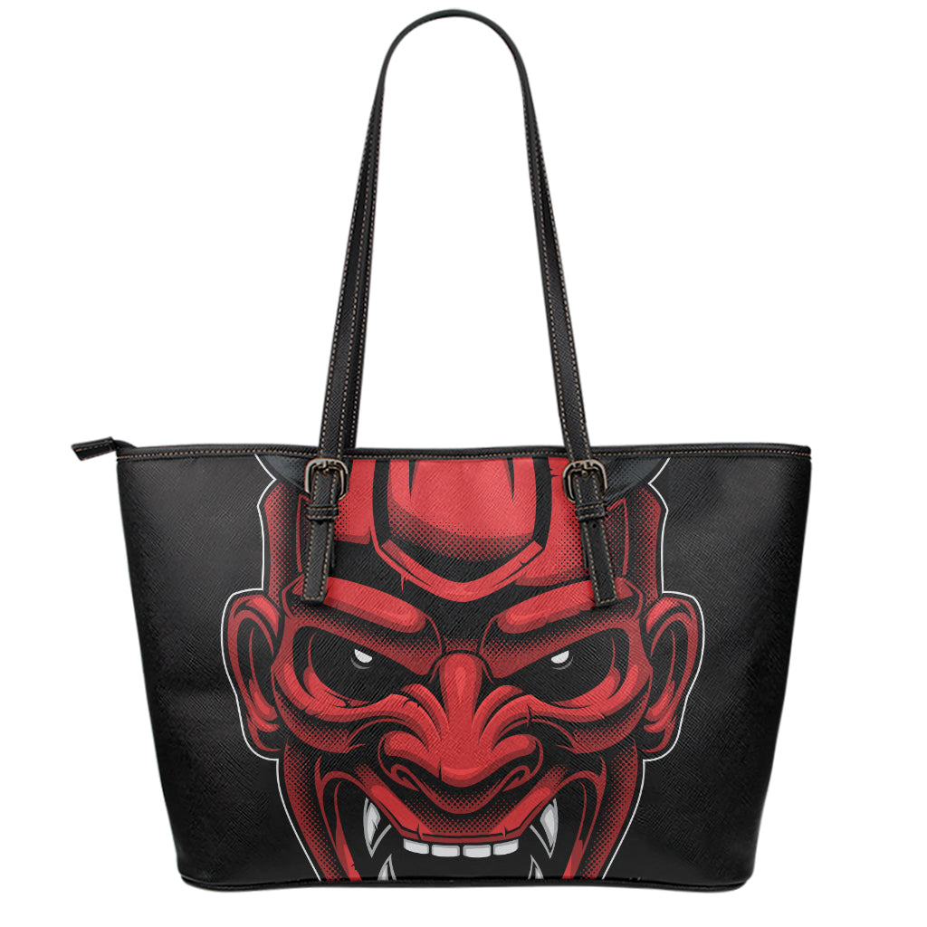 Red Japanese Demon Mask Print Leather Tote Bag