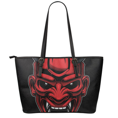 Red Japanese Demon Mask Print Leather Tote Bag