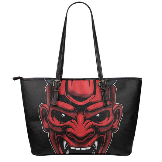 Red Japanese Demon Mask Print Leather Tote Bag