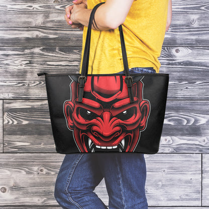 Red Japanese Demon Mask Print Leather Tote Bag