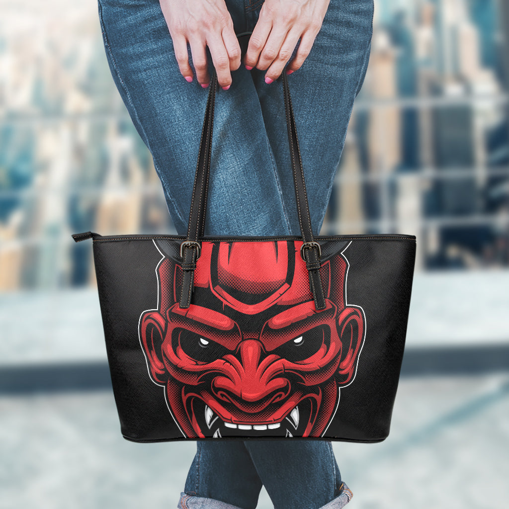 Red Japanese Demon Mask Print Leather Tote Bag