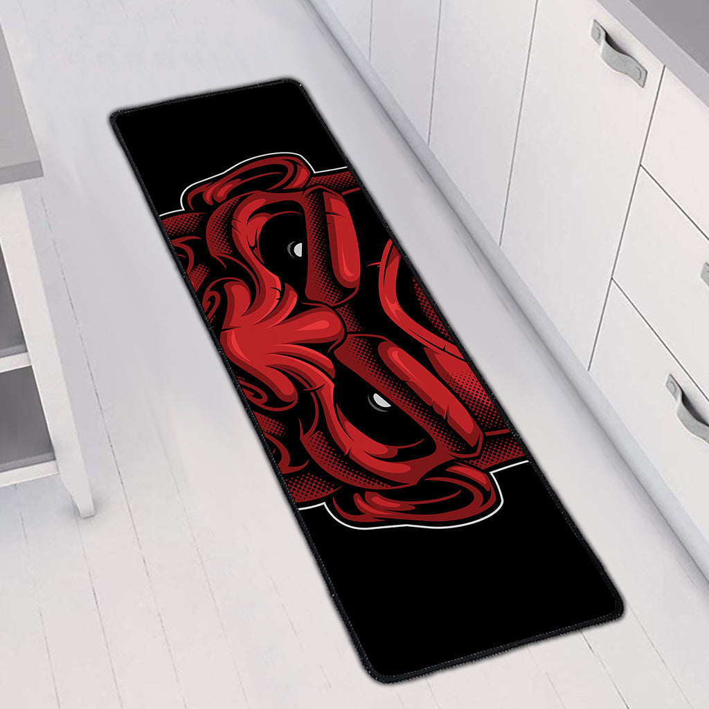 Red Japanese Demon Mask Print Long Kitchen Mat