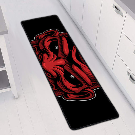 Red Japanese Demon Mask Print Long Kitchen Mat