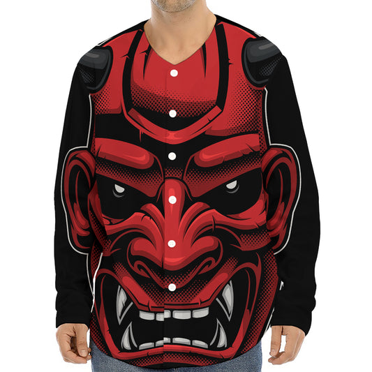 Red Japanese Demon Mask Print Long Sleeve Baseball Jersey